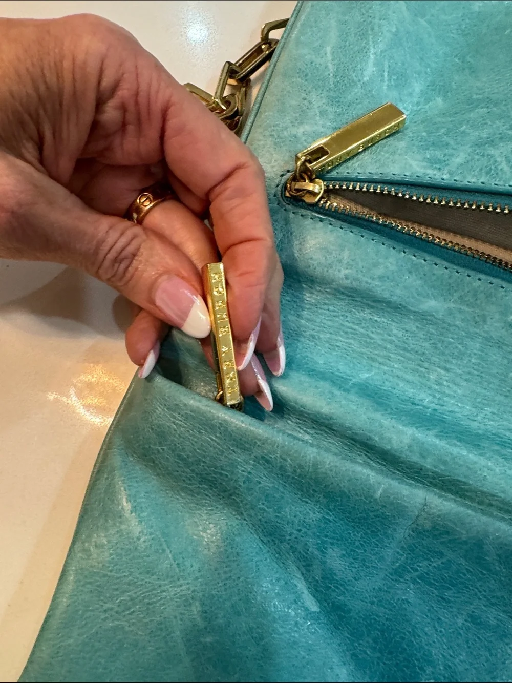 Tory Burch Teal Leather Logo Clutch with Gold Chain Strap